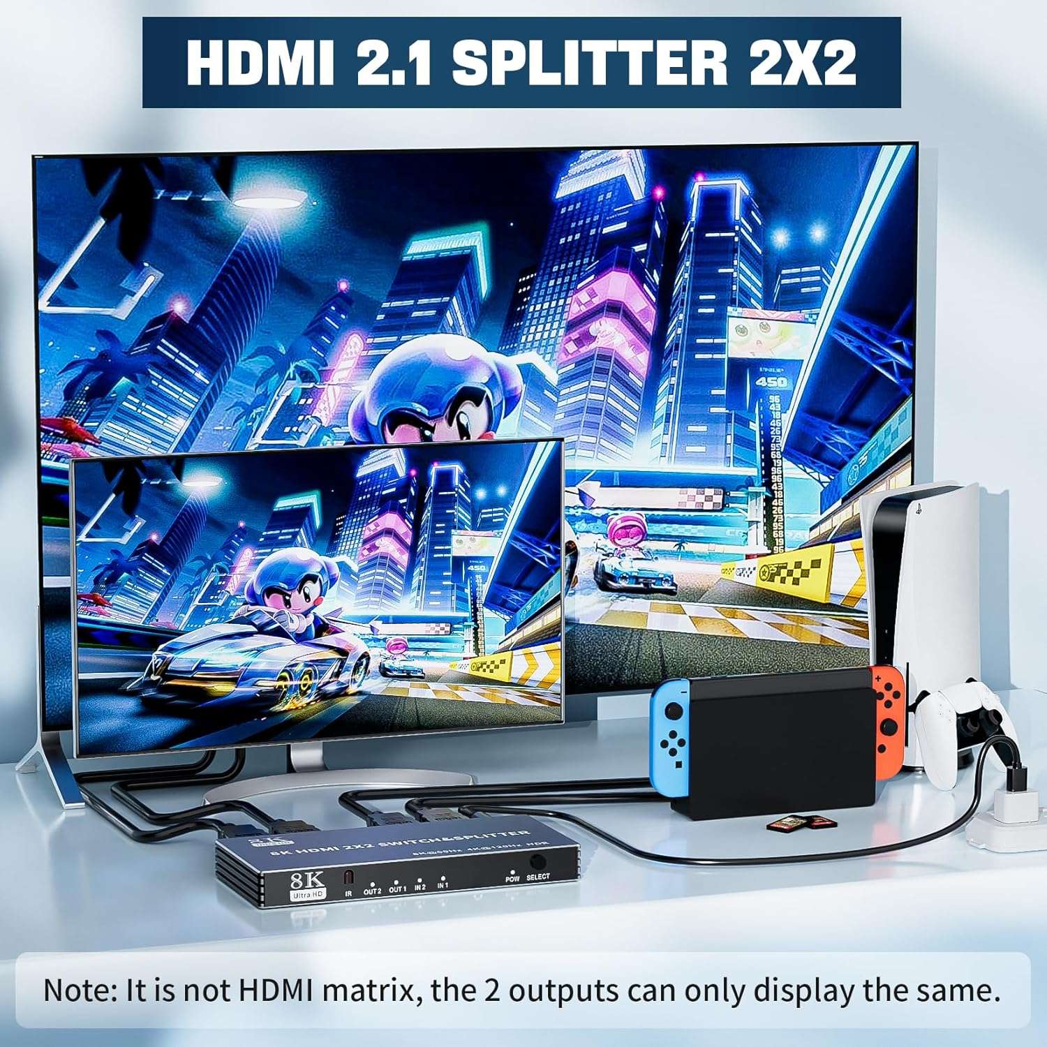 NÖRDIC HDMI 2.1 -kytkin ja -jakaja 2x2 8K60Hz 4K120Hz HDR HDCP2.3
