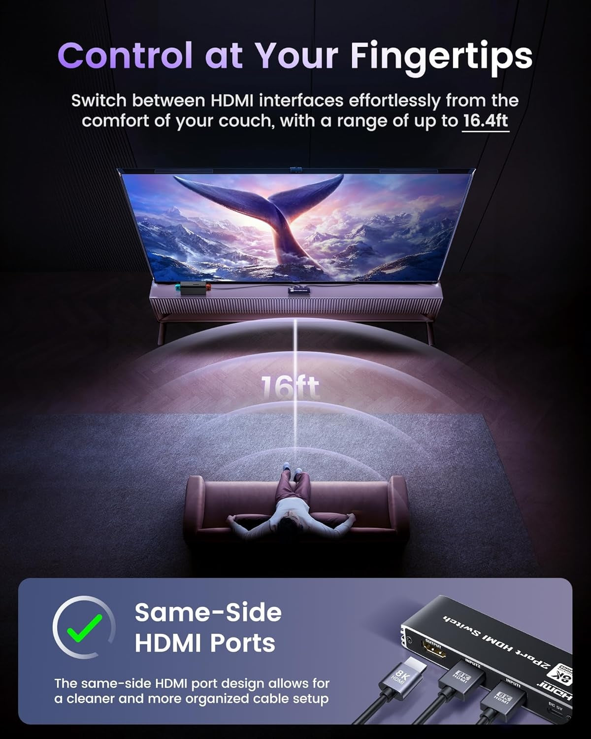NÖRDIC HDMI 2-1 -kytkin 8K60Hz 4K@120Hz kaukosäätimellä, alumiini