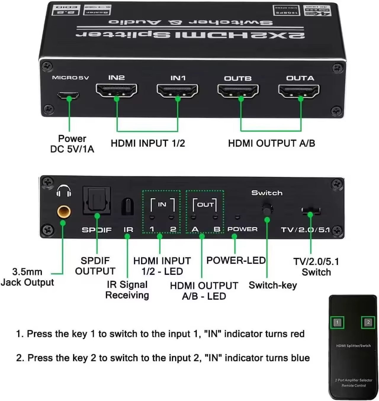 NÖRDIC HDMI 4K 60Hz Switch-Splitter 2x2 Audio SPDIF/Stereo kaukosäätimellä
