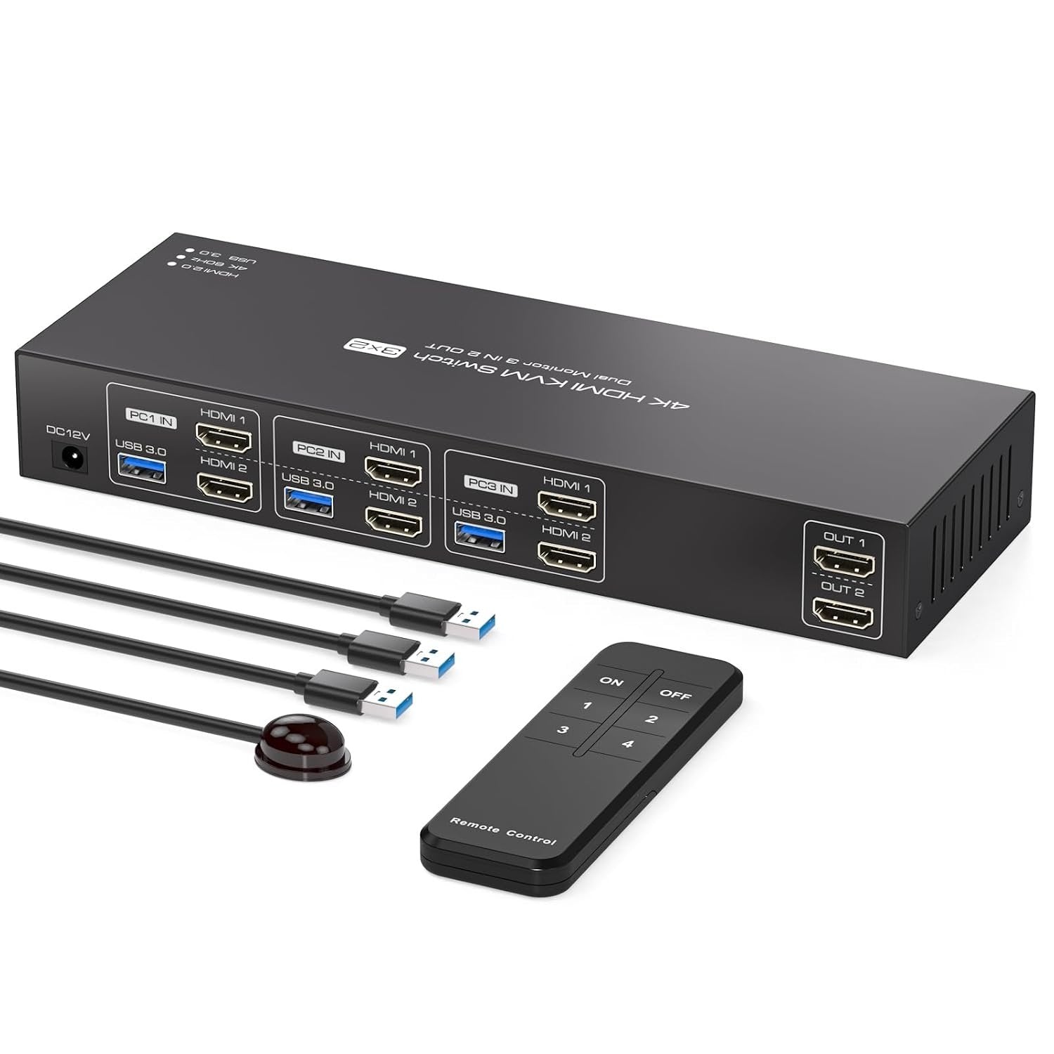 NÖRDIC HDMI KVM-kytkin 3 tietokonetta 2 näyttöä 4K60Hz EDID 4 USB 3.0-porttia kaukosäätimellä