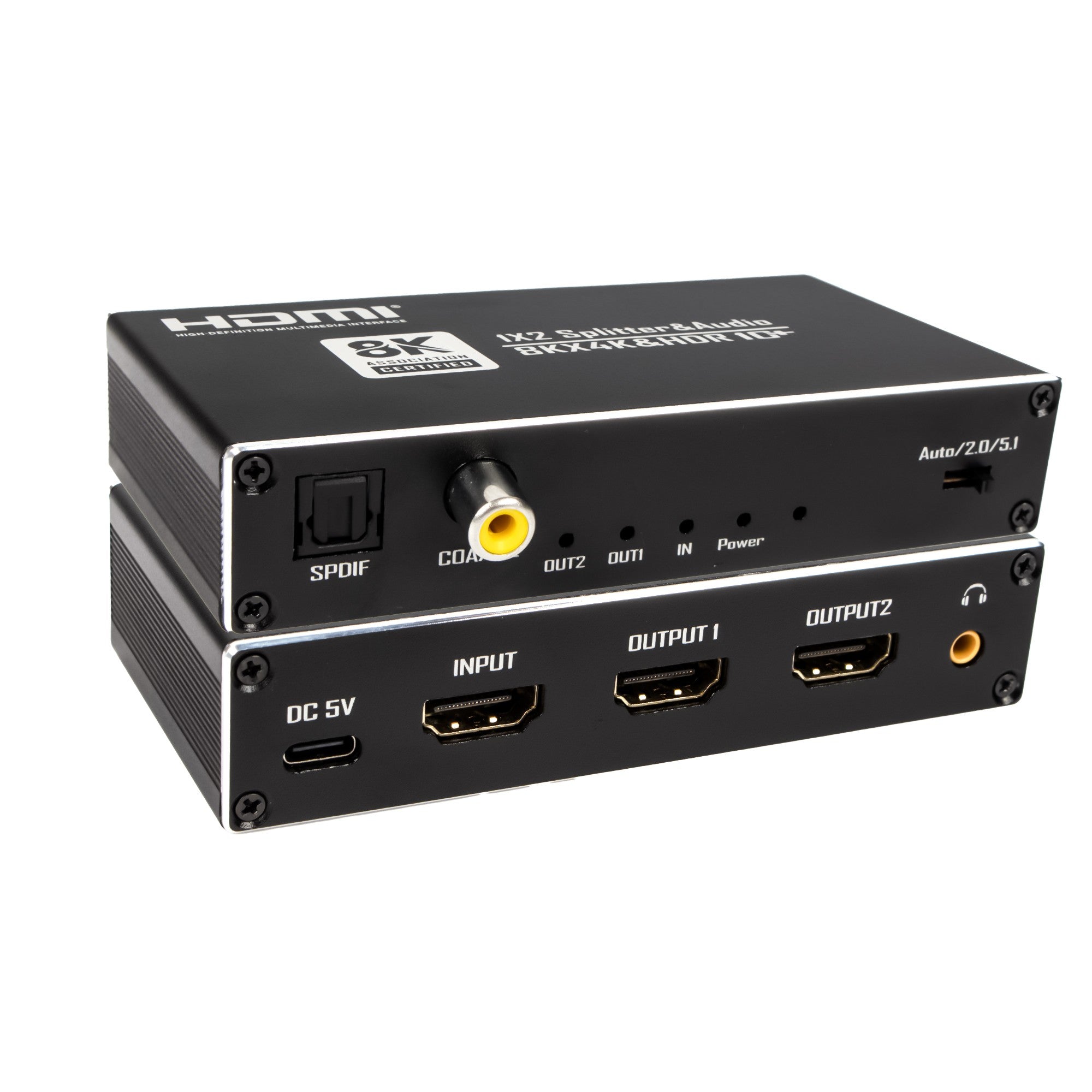 NÖRDIC HDMI 2.1 Splitter 8K60Hz 1–2 sisäänrakennetulla extractorilla SPDIF/koaksiaali/stereoäänelle