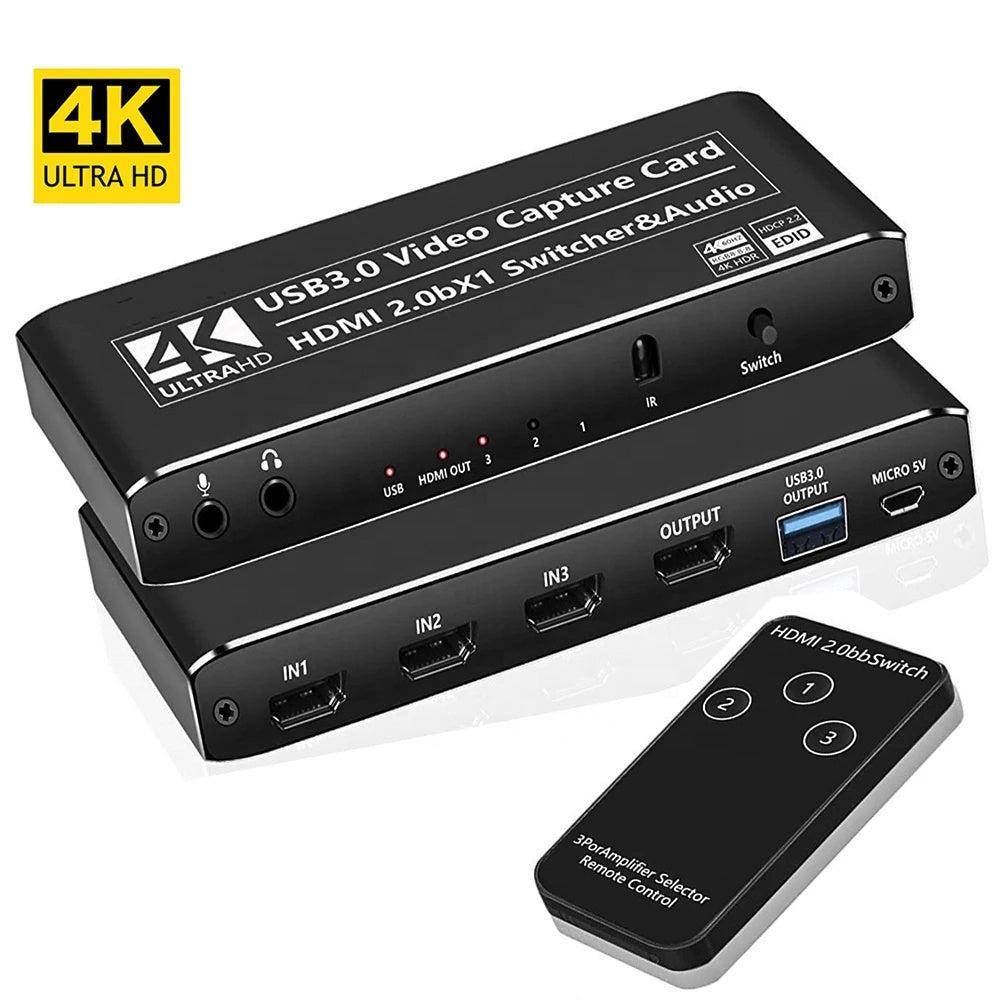 NÖRDIC HDMI Switch 3 to 1 videokaappauskortilla HDMI2.0 4K60Hz USB3.1 mikrofoni ja äänilähtö HDMI signaalisilmukkalähtö HDR HDCP2.2 EDID RGB8: 8:8