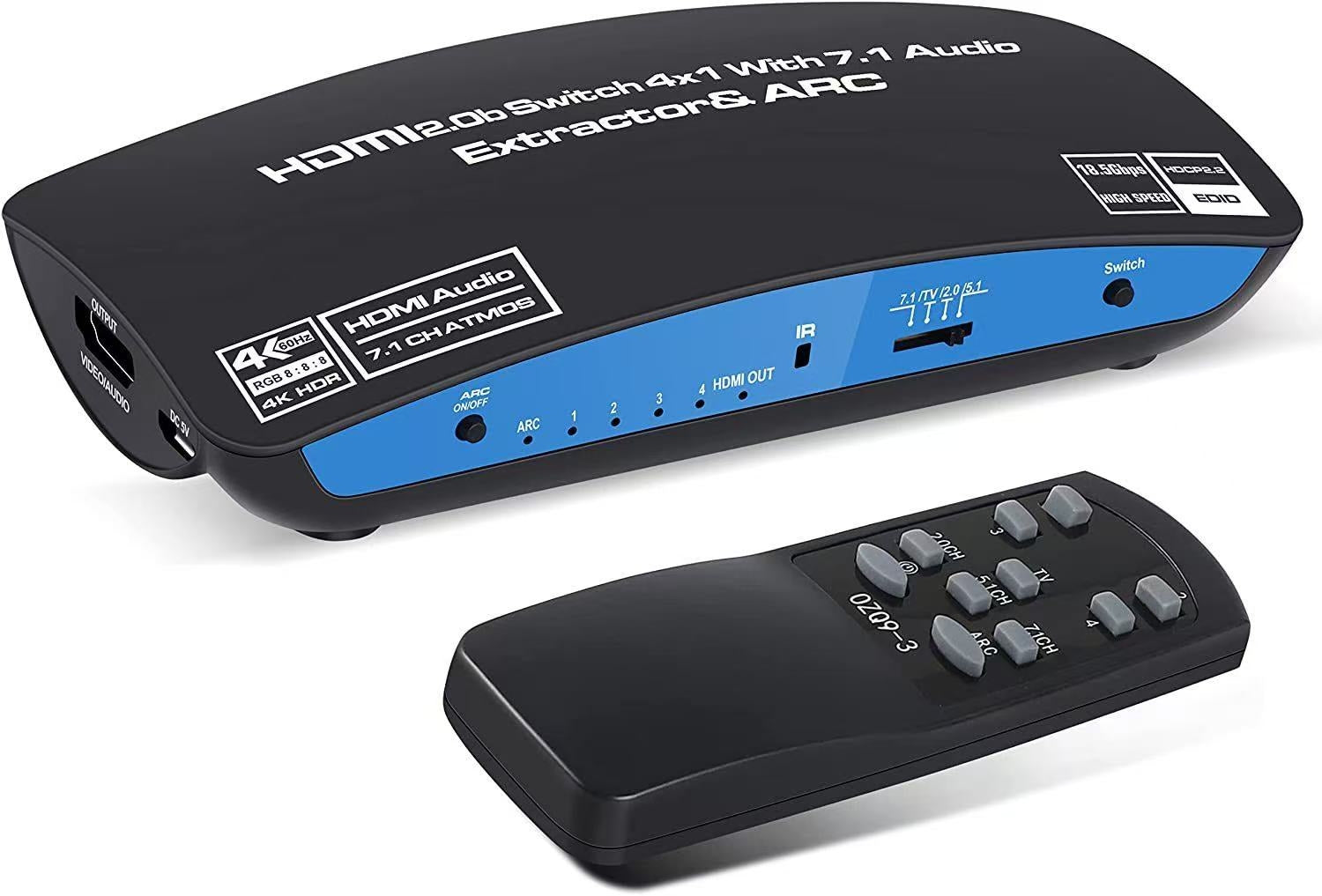 NÖRDIC HDMI Switch 4 to 1 7.1-äänenpoistimella ARC SPDIF stereo 3,5mm audio 4K60hz EDID HDCP2.2 3D HDR10 18Gbps