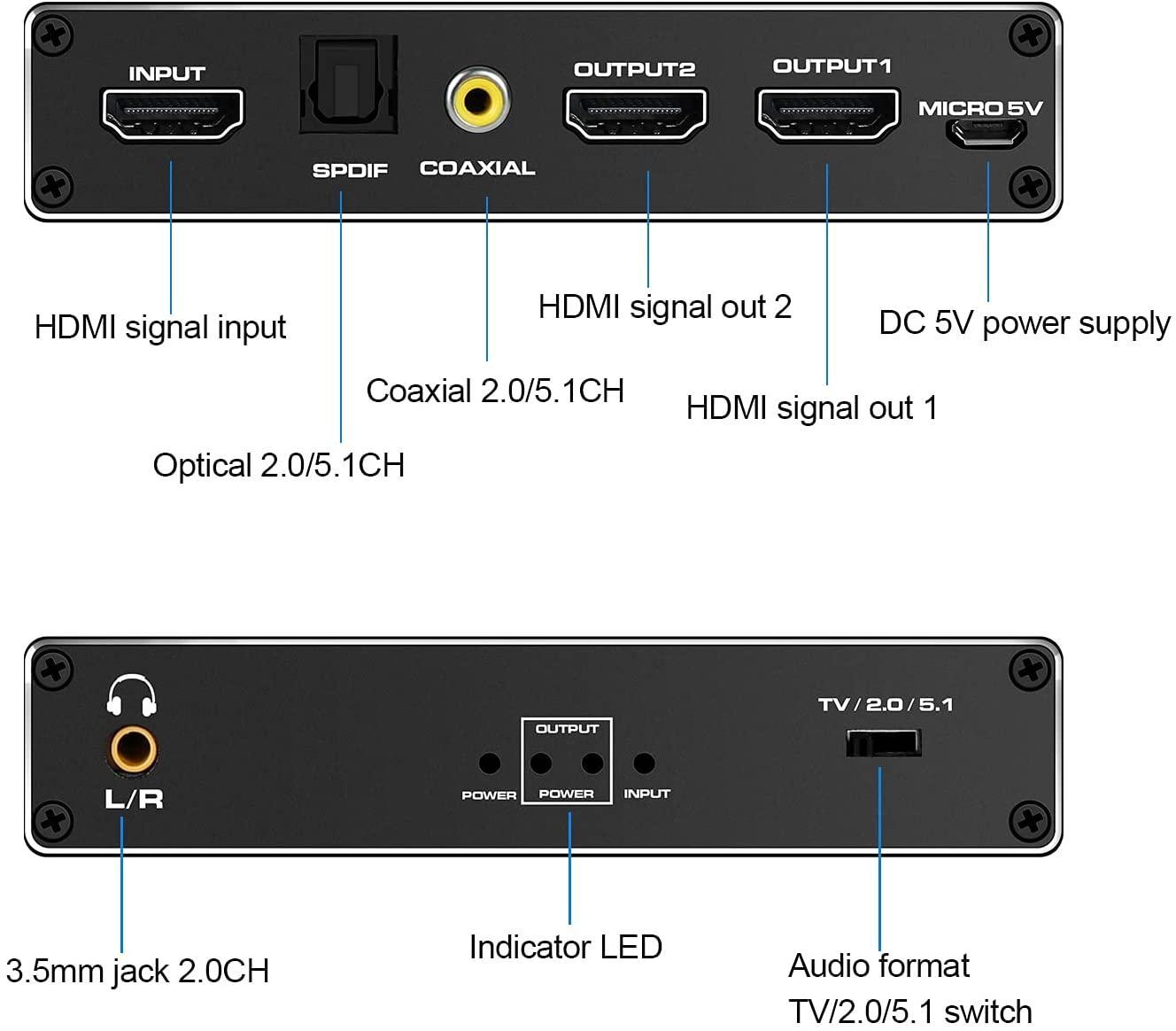 NÖRDIC HDMI-jakaja 1-2 ja äänenpoisto 4K60Hz HDCP2.3 HDR10 Toslink SPDIF + koaksiaali + 3,5 mm audio