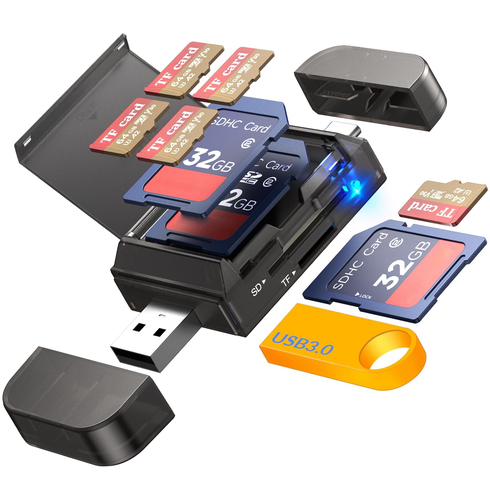 NÖRDIC USB-A, USB-C Kortinlukija 2-paikkainen SD, Micro SD ja USB-A 3.0 OTG kortin säilytyksellä