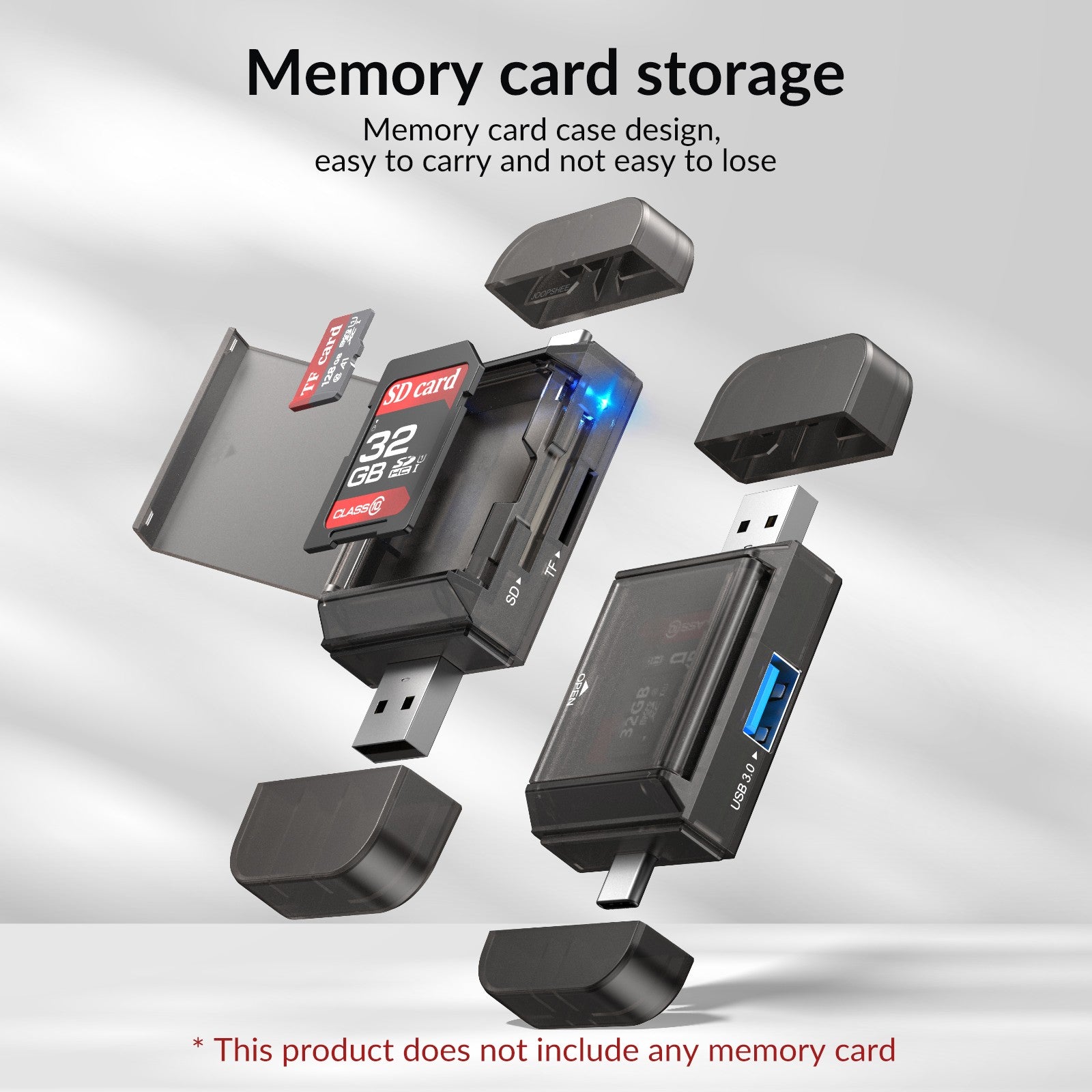 NÖRDIC USB-A, USB-C Kortinlukija 2-paikkainen SD, Micro SD ja USB-A 3.0 OTG kortin säilytyksellä