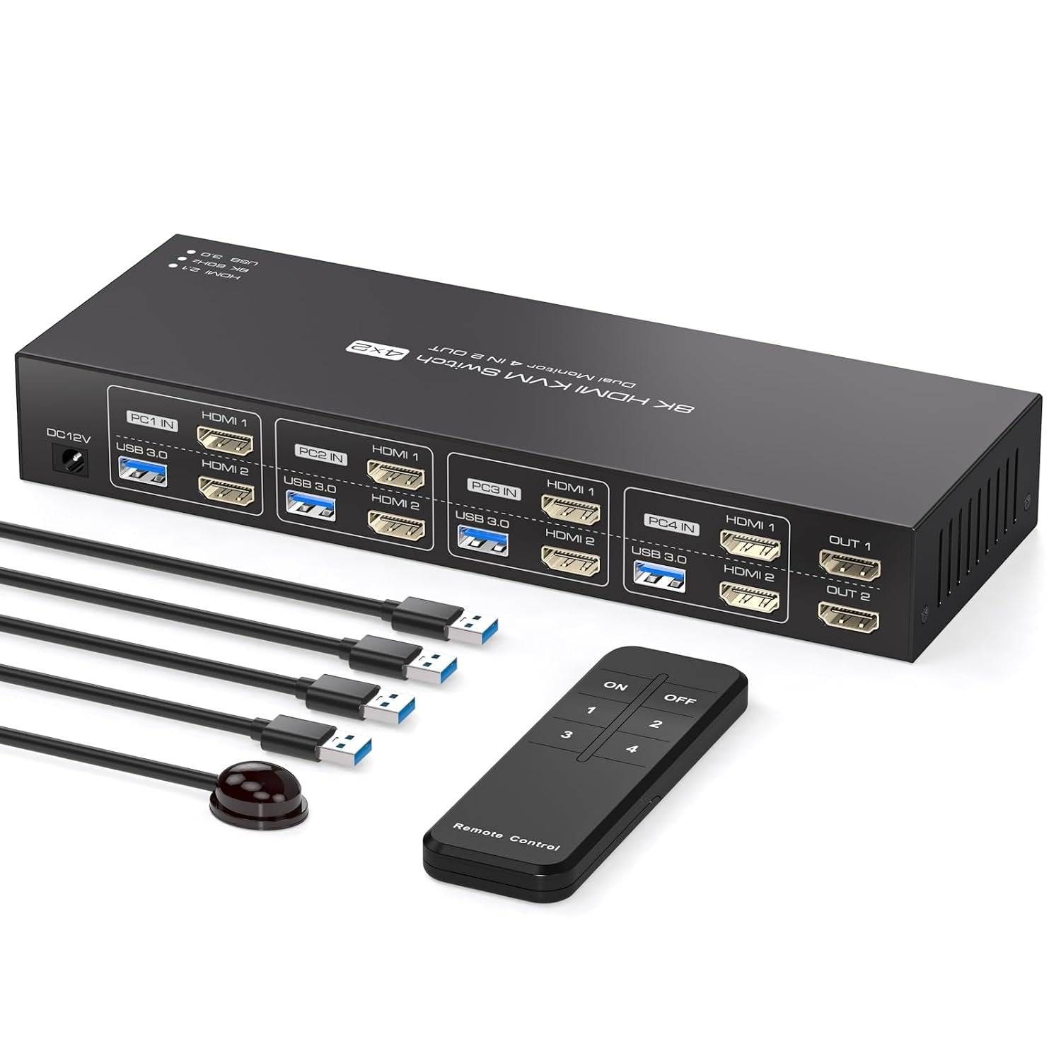 NÖRDIC KVM 4x2 HDMI 2.1-kytkin 4PC kahdelle näytölle HDMI 8K60Hz, 1x3.5 mm ja 4xUSB-A