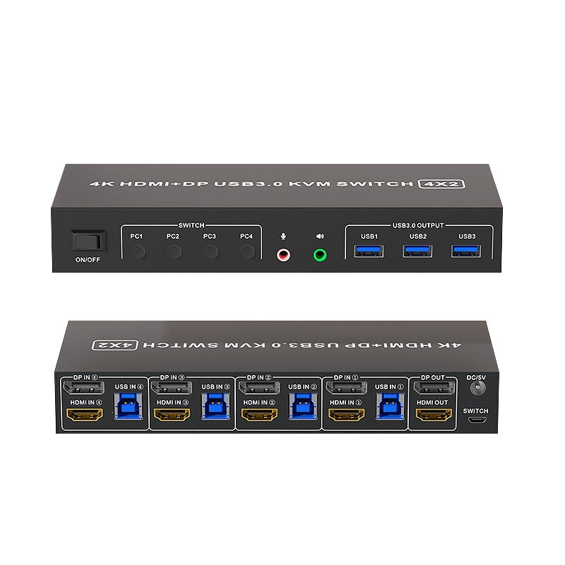 NÖRDIC KVM 4x2 -kytkin 4 tietokoneesta kahteen näyttöön, HDMI ja DP, 4K60Hz, 2x3,5 mm ja 3xUSB-A
