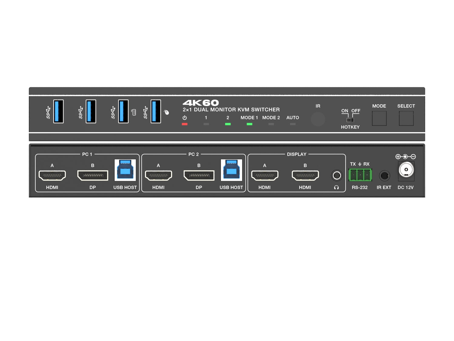 NÖRDIC KVM-kytkin 2 tietokoneelle HDMI/DP-liitännällä 2 HDMI-näyttöön