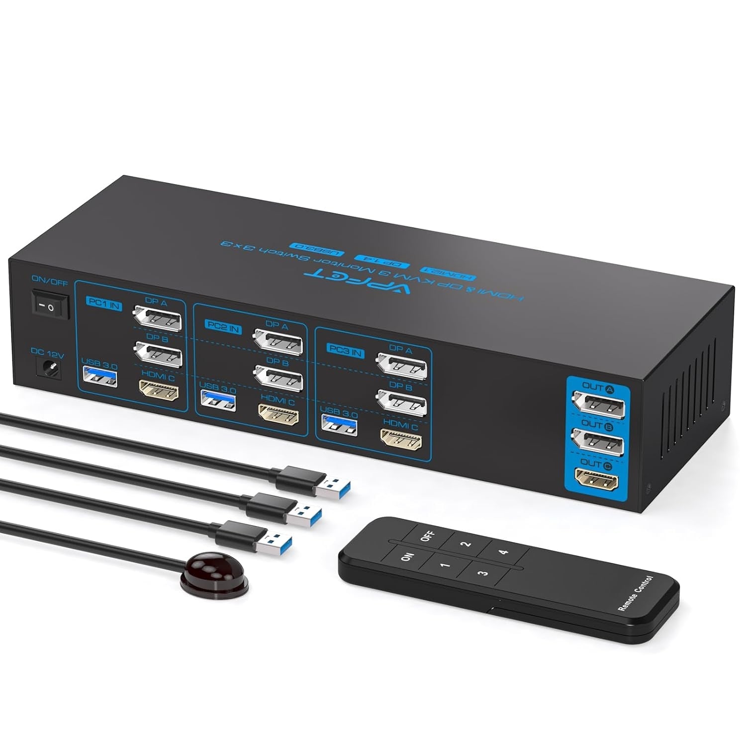 NÖRDIC KVM-kytkin 3–3, 4xUSB3.0 2xDP 1xHDMI 8K30Hz langattomalla ohjauksella