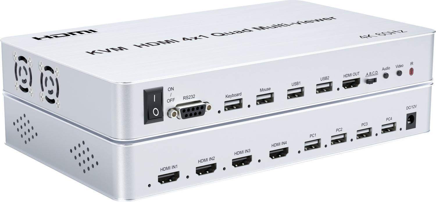 NÖRDIC KVM Switch 4xPC - 1xHDMI 4K 60Hz Quad Multi-Viewer, 4xUSB-A