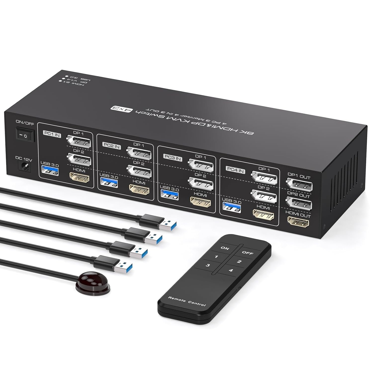 NÖRDIC KVM-kytkin 4–3, 4xUSB3.0 2xDP 1xHDMI 8K60Hz langattomalla ohjauksella