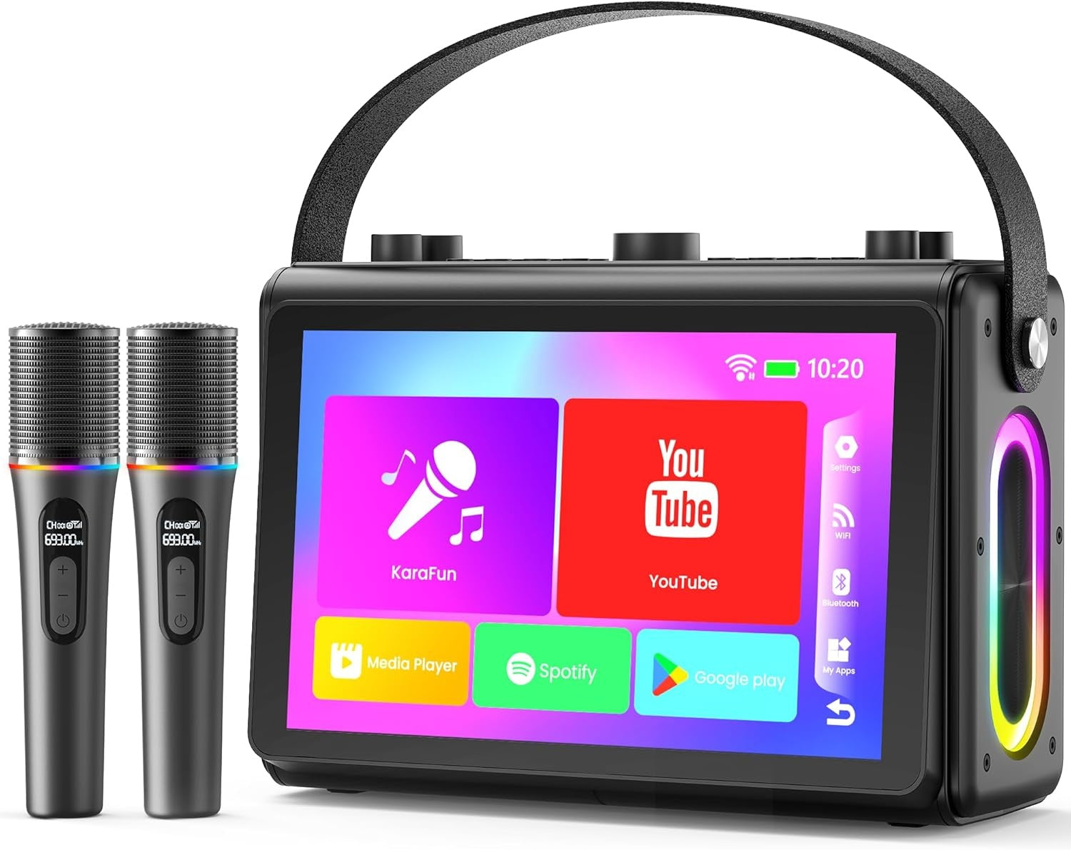 NÖRDIC Karaoke-kone, sisäänrakennettu 10,1" HD sanoitusten näyttö, tukee WiFi, Bluetooth, HDMI, USB ja MicroSD, 2 langatonta mikrofonia kotijuhliin
