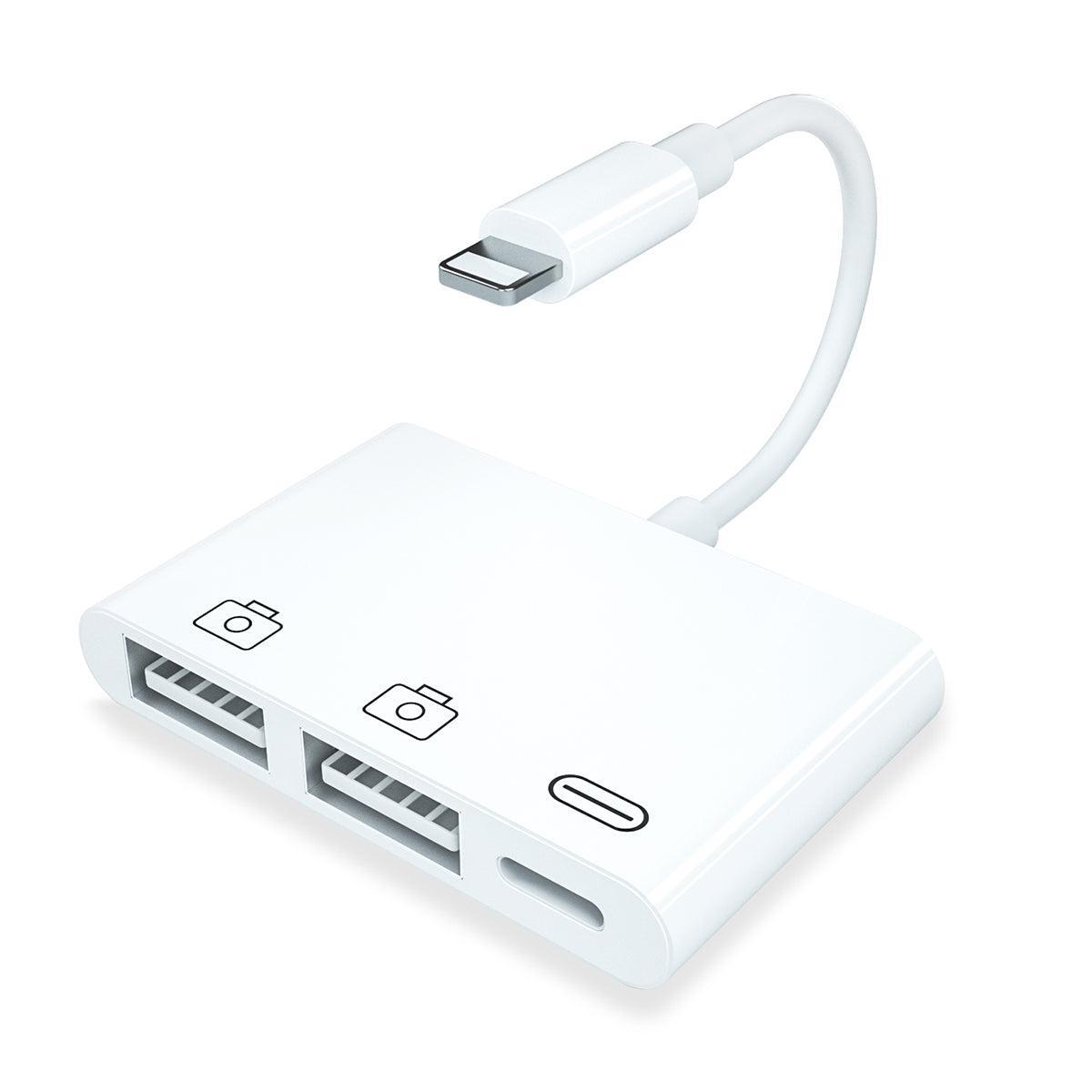 NÖRDIC Lightning sovitin 1–3 porttia, 2x USB A-portti ja 1x Lightning-portti lataukseen