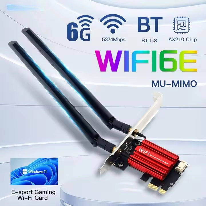 NÖRDIC PCIe AX210 WiFi-kortti, tri-band 6 GHz/5 GHz/2,4 GHz sisäinen verkkokortti, 5400 Mbps, PCIe, 8 dBi, Bluetooth 5.3-sovitin