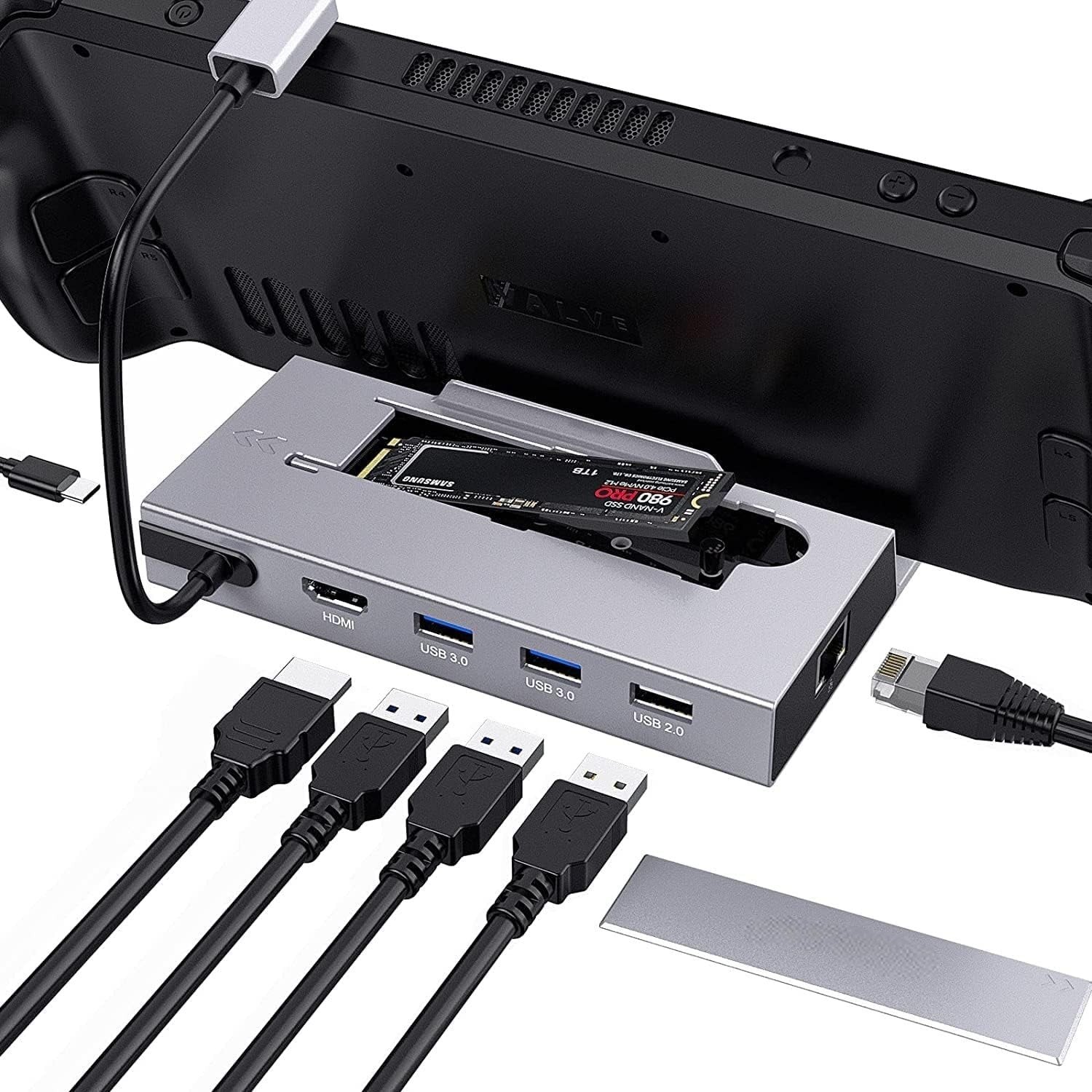 NÖRDIC Steam Deck -telakointiasema 1-7 - 1xHDMI 2.0 (4K60Hz), 1xM.2 SSD, 1xUSB-C PD 100W, 2xUSB-A 3.0, 1xUSB-A 2.0, 1xGigabit Ethernet