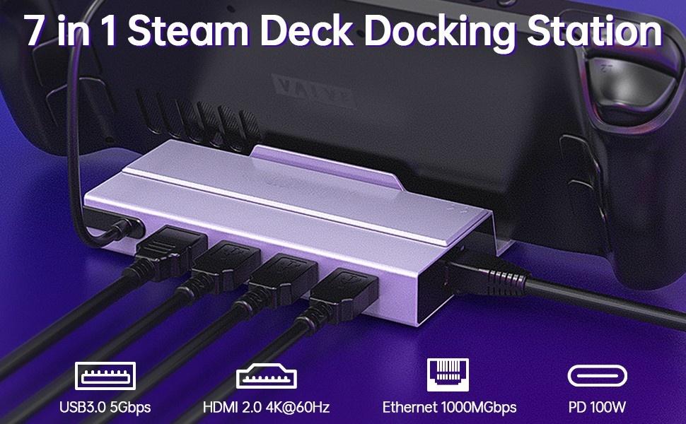 NÖRDIC Steam Deck -telakointiasema 1-7 - 1xHDMI 2.0 (4K60Hz), 1xM.2 SSD, 1xUSB-C PD 100W, 2xUSB-A 3.0, 1xUSB-A 2.0, 1xGigabit Ethernet