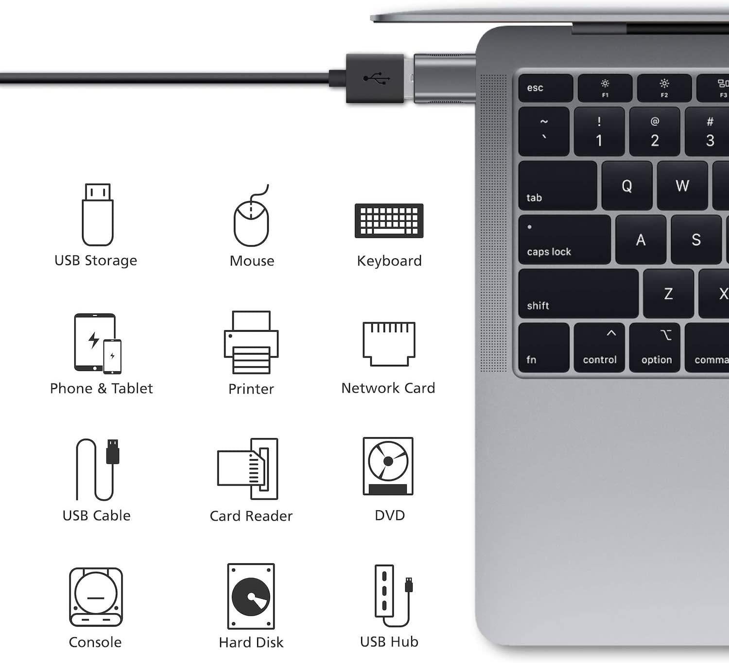 NÖRDIC USB A 3.0 OTG naaras–USB C uros -sovitin, metallinmusta