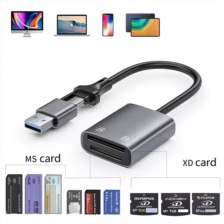 NÖRDIC USB-C/USB-A -kortinlukija, 2 korttipaikkaa, MS, xD UHS-I