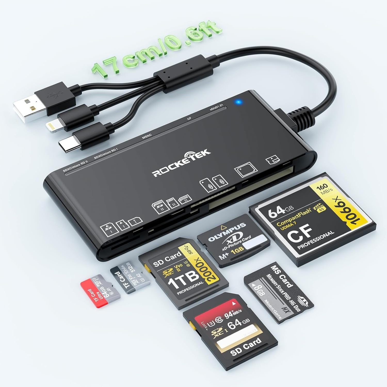 NÖRDIC USB-A, USB-C, Lightning USB3.0 Monikortinlukija 7 Paikkaa 1xCF, 2xSD, 2xMicroSD, 1xMS, 1xXD UHS-I