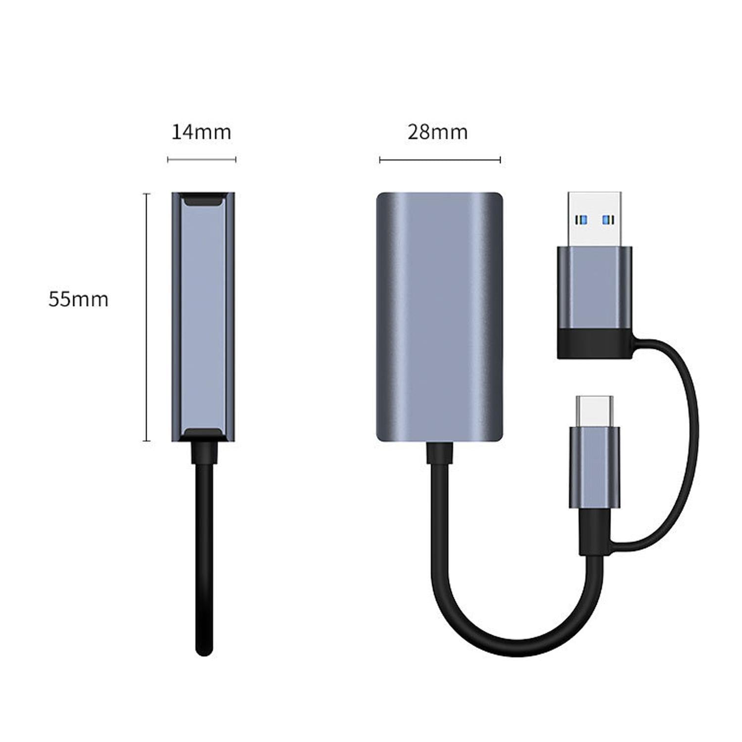 NÖRDIC USB-A ja C 3.1 - Giga Ethernet -verkkosovitin USB-A ja USB-C Space Grey Alumiini RTL8153