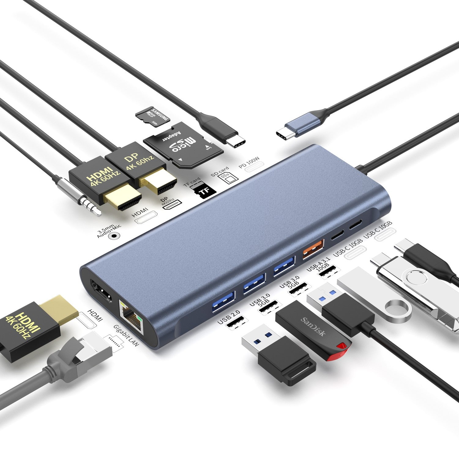 NÖRDIC USB-C 1–14 Telakointiasema Kolmoisnäytöt, 2xHDMI, 1xDP, 1xUSB-C PD 100W, 2xUSB-C, 4xUSB-A, Ethernet-liitännällä