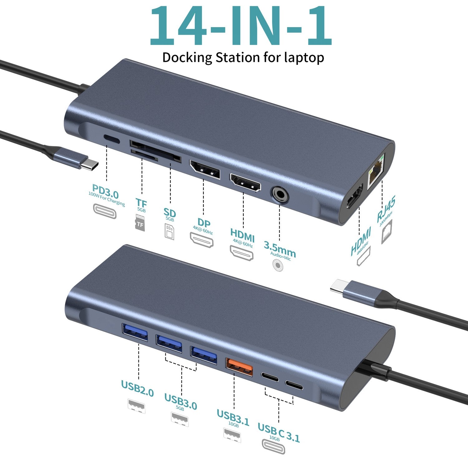 NÖRDIC USB-C 1–14 Telakointiasema Kolmoisnäytöt, 2xHDMI, 1xDP, 1xUSB-C PD 100W, 2xUSB-C, 4xUSB-A, Ethernet-liitännällä