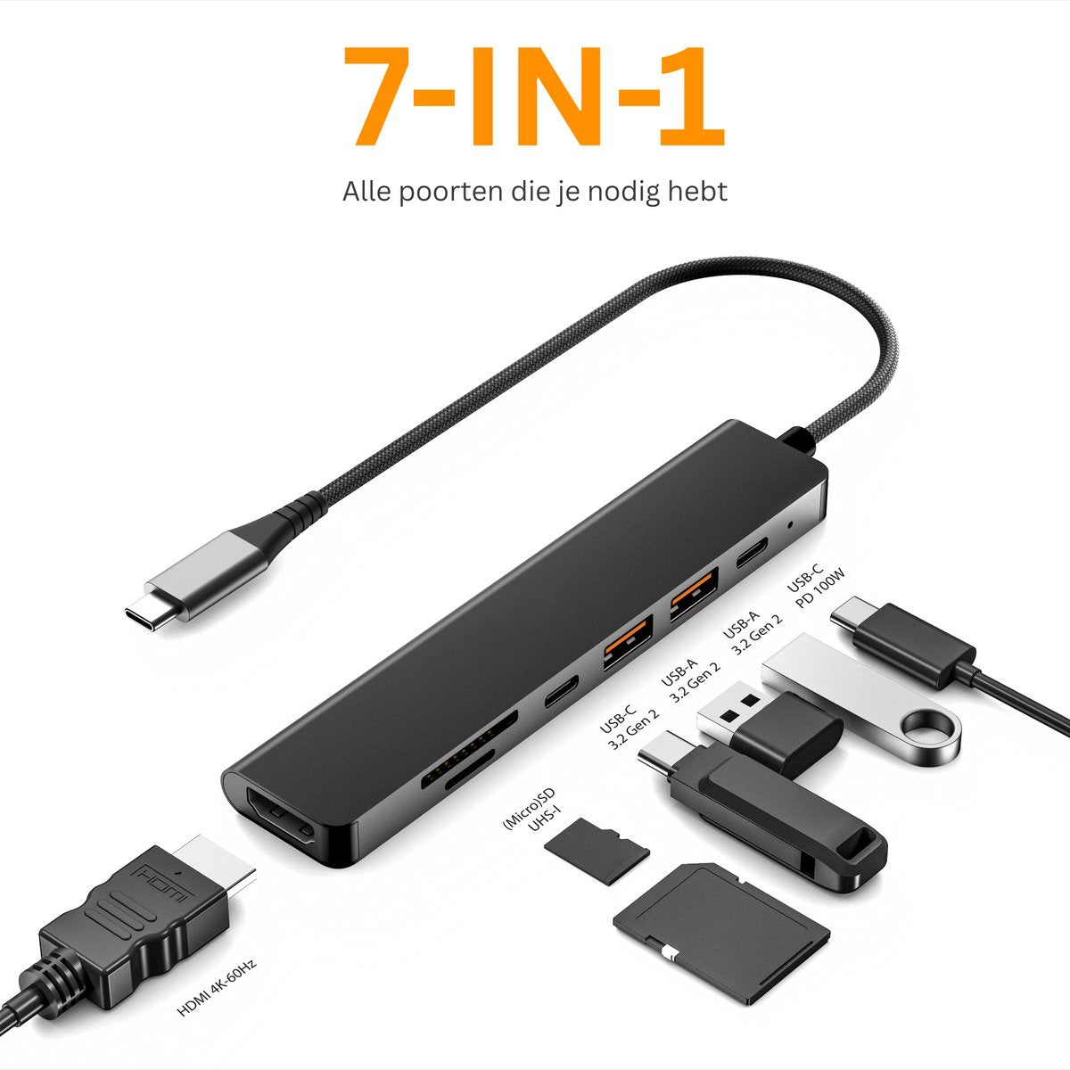 NÖRDIC USB-C 1–7 Telakointiasema 1xHDMI 4K60Hz 1xUSB-C PD 100W 1xUSB-C 3.2 2xUSB-A 3.2 10G 1xSD 1xMicroSD