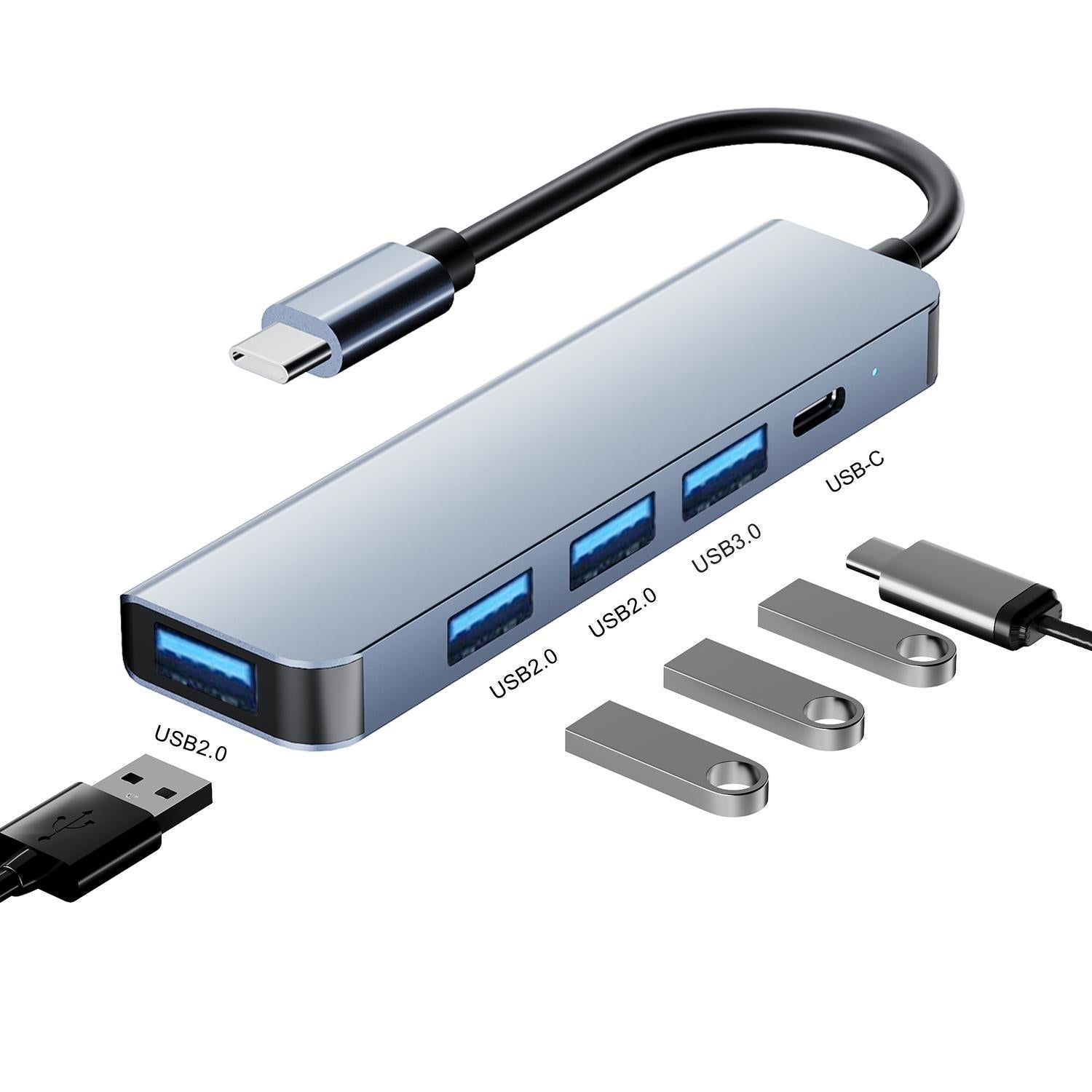 NÖRDIC USB-C 5-porttinen keskitin 3xUSB-A 2.0, 1xUSB-A 3.1 ja 1xUSB-C DP100W