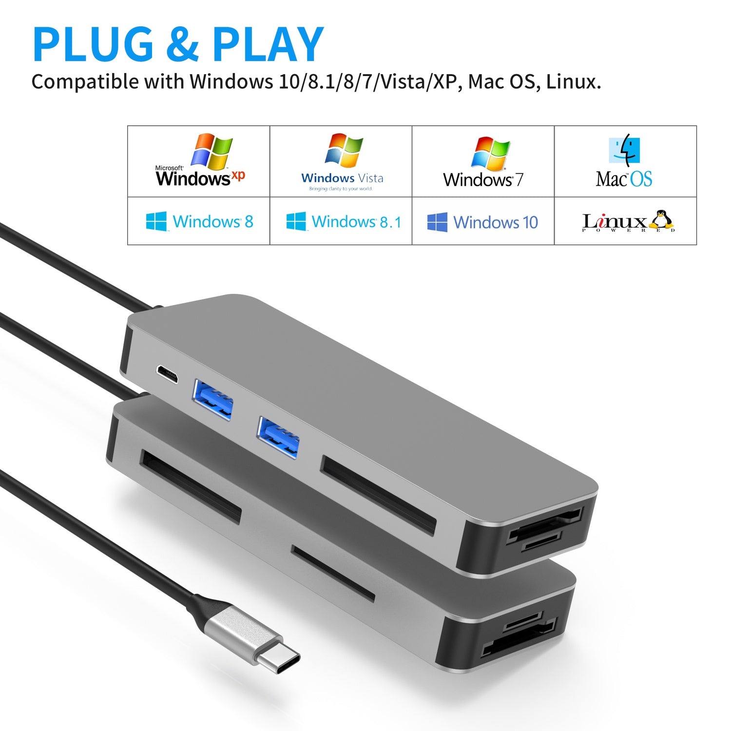 NÖRDIC USB-C Kortinlukija 5 Slot CF3.0 SD3.0, MicroSD3.0, MS3.0, XQD3.0, 2xUSB-A 3.0, 1xUSB-C 15W