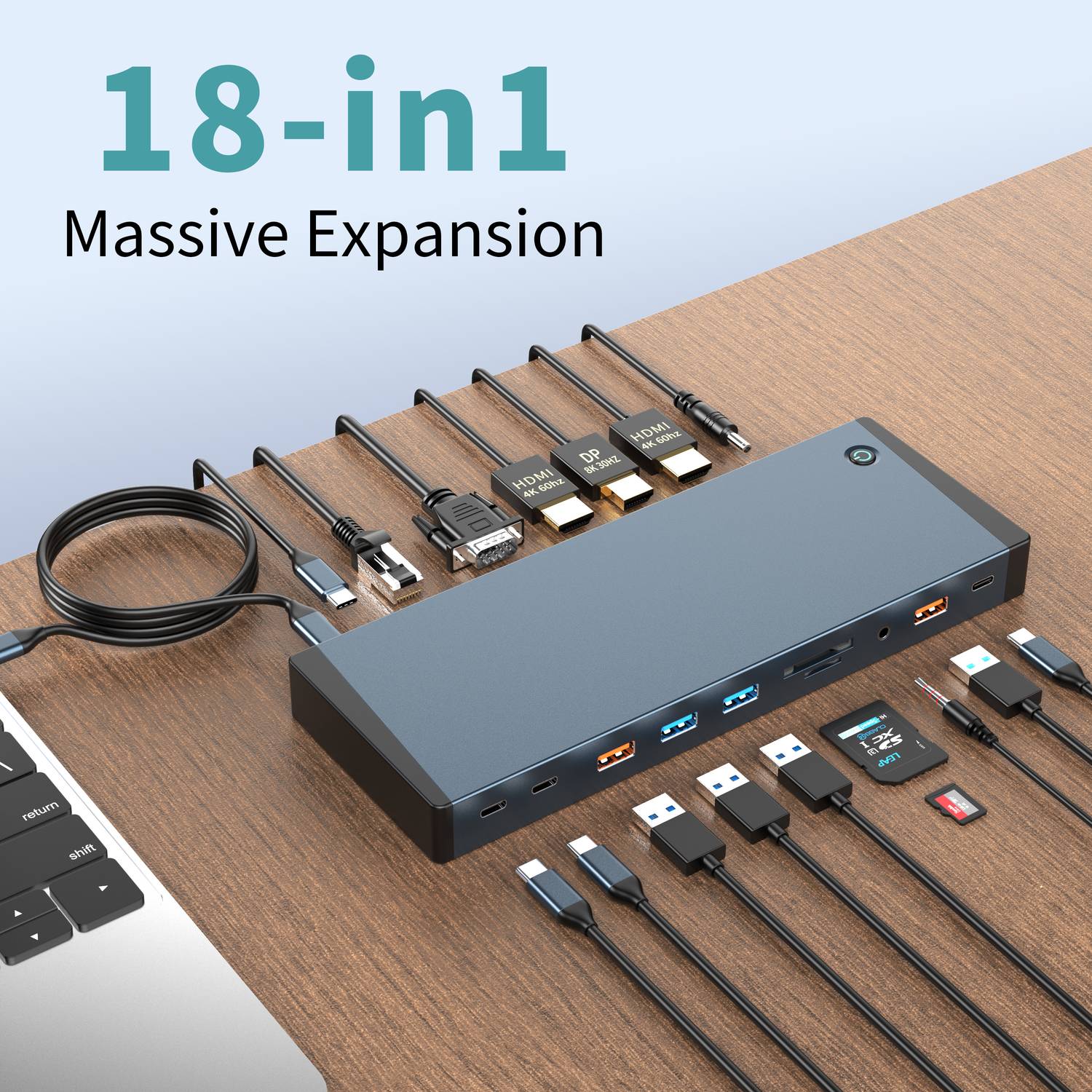 NÖRDIC USB-C Telakointiasema 1–18 Neljä näyttöä, 2xHDMI, 1xDP, 1xVGA, 1xUSB-C PD 100W, 1xUSB-C QC, 2xUSB-C, 1xUSB-A QC3.0, 3xUSB-A, 1xGigaLAN