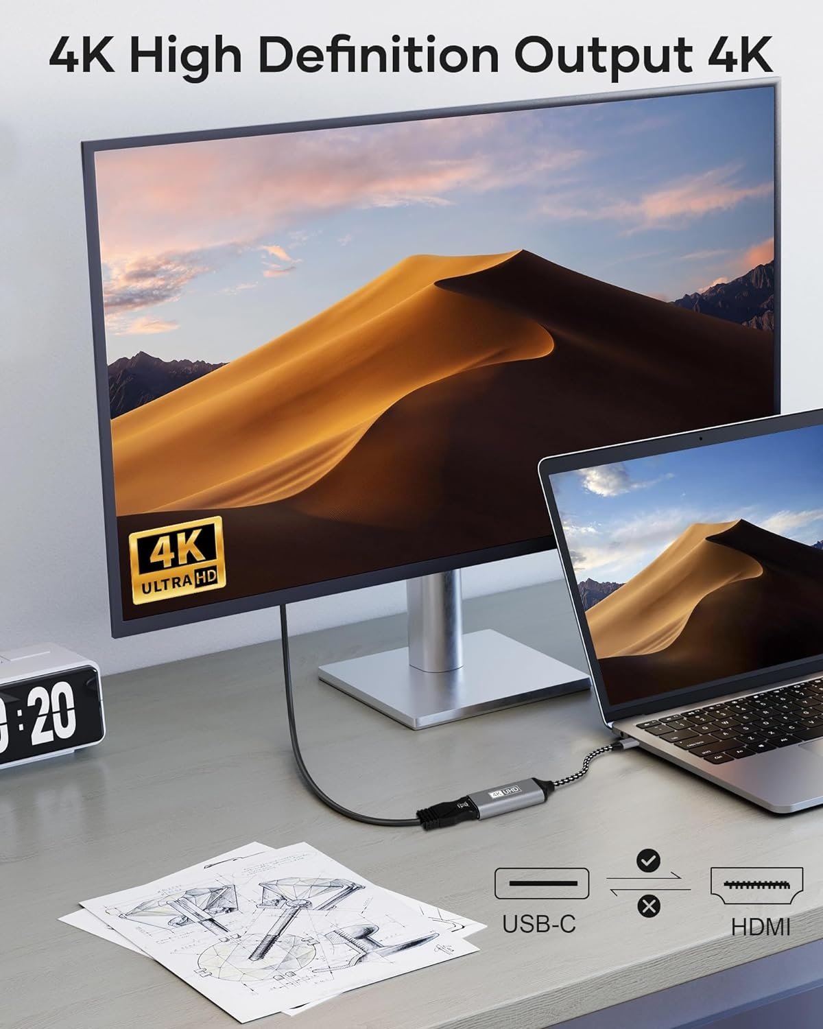 NÖRDIC USB C–HDMI-sovitin 4K 30Hz, 10 cm, musta
