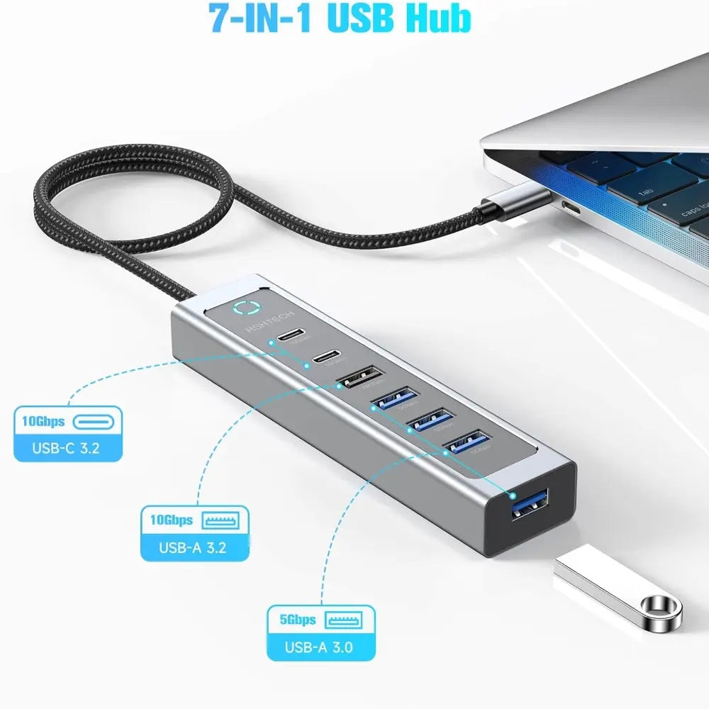 NÖRDIC USB-C Hub 2xUSB-C 10G, 1xUSB-A 10G, 4xUSB-A 5G, 60cm kaapeli