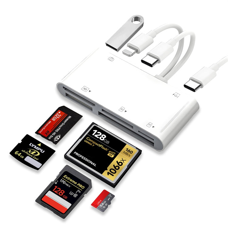 NÖRDIC USB-C/Lightning-kortinlukija 5-paikkainen CF, SD, MicroSD, MS, XD 1xUSB-A 1xUSB-C UHS-I