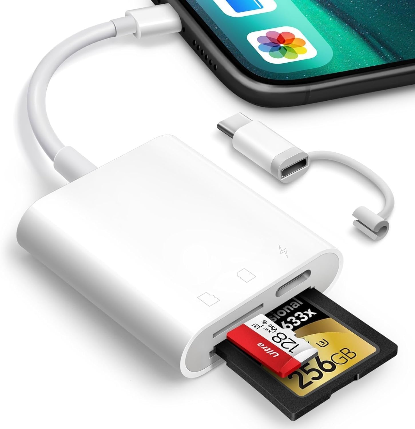 NÖRDIC USB-C, Lightning-kortinlukija, 2-paikkainen SD, MicroSD 1xUSB-C Lataus PD30W UHS-I