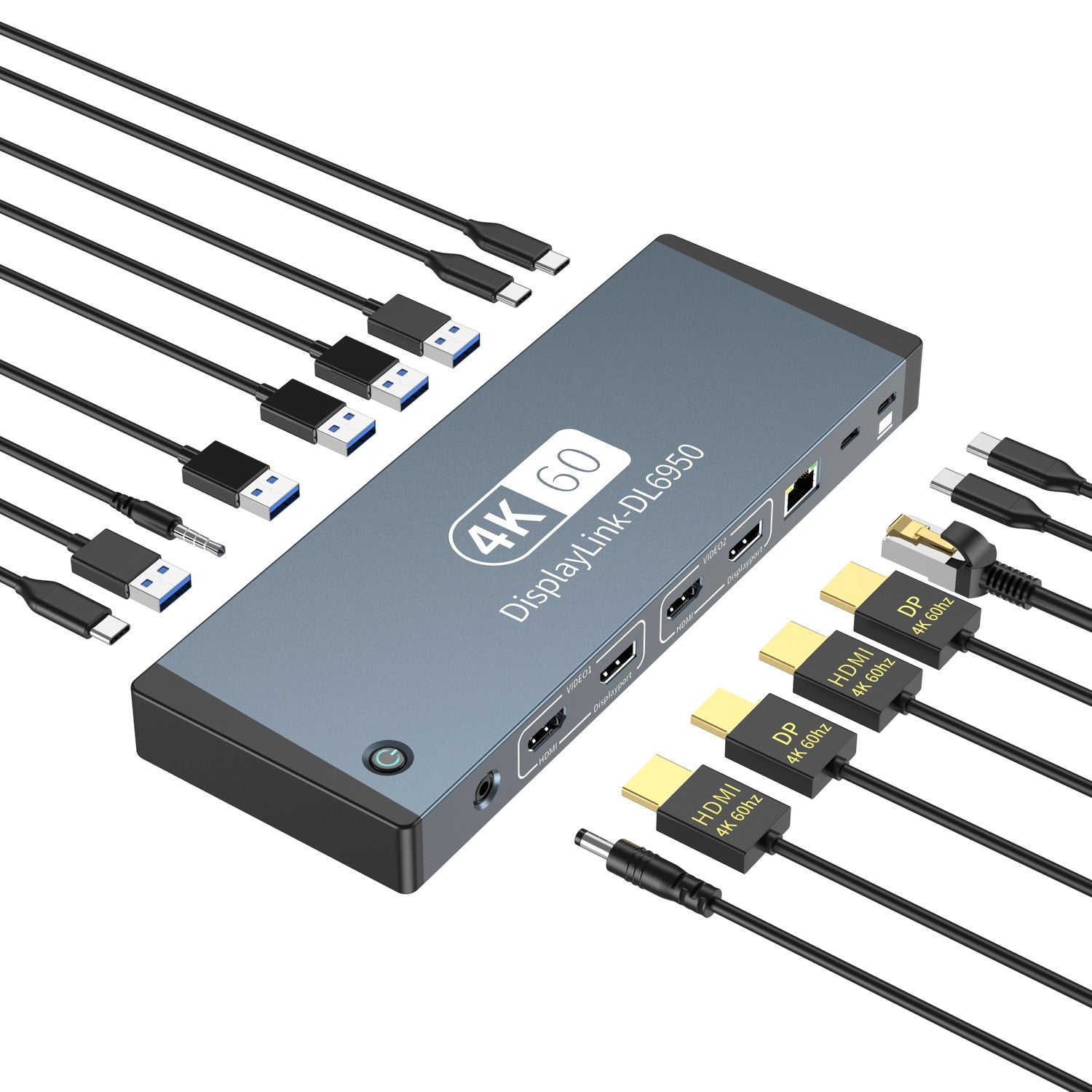 NÖRDIC USB-C DisplayLink Telakointiasema 1–17 Kaksi näyttöä HDMI + DP, 1xUSB-C PD 100W, 1xUSB-C QC, 2xUSB-C, 1xUSB-A QC, 4xUSB-A, 1xGigaLan