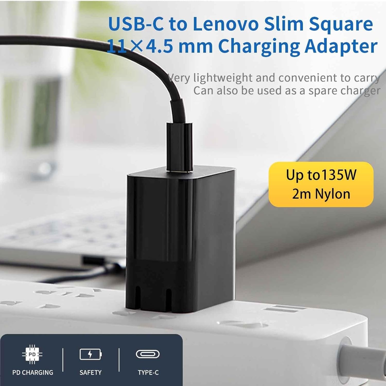 NÖRDIC USB-C - Lenovo Yellow Square -kaapeli 135W 2m