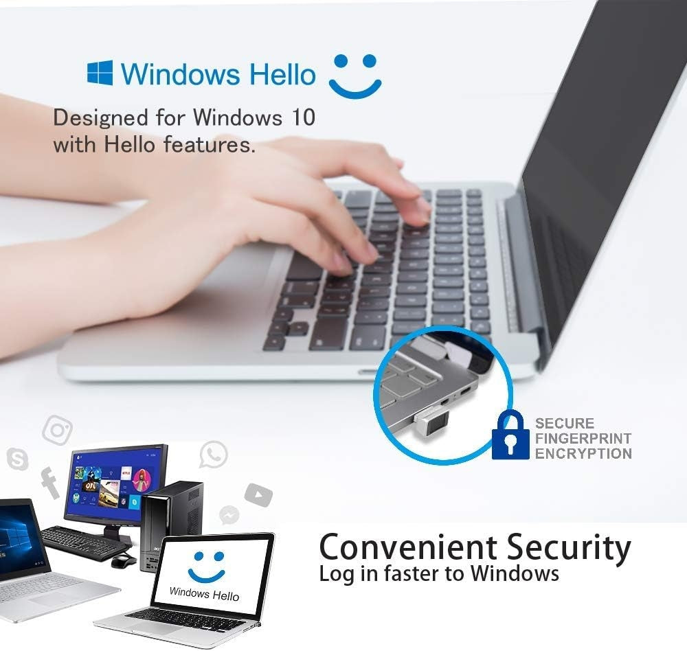 NÖRDIC USB Windows Hello Sormenjälkilukija Windows 11/10:lle, Turvalaite kirjautumiseen tietokoneille, Turvalukko