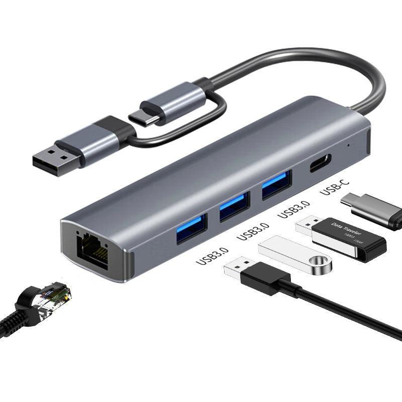 NÖRDIC USB-keskitin USB-C tai A - 3xUSB-A 3.0 1xUSB-C 5Gbps 1xRJ45 Giga LAN