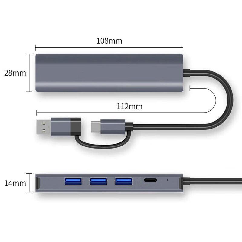 NÖRDIC USB-keskitin USB-C tai A - 3xUSB-A 3.0 1xUSB-C 5Gbps 1xRJ45 Giga LAN