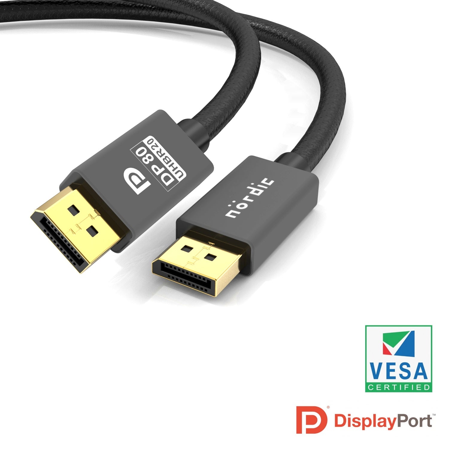 NÖRDIC VESA CERTIFIED 2m nylon punottu Displayport 2.1 kaapeli DP80 UHBR20 80Gbps 16/10/8K60H 4K240/165/144Hz DSC1.2a HDR HDCP2.2 FreeSync G-Sync