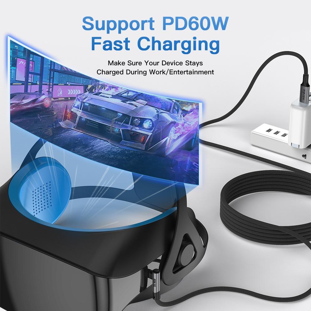 NÖRDIC VR Link kaapeli 5m USB3.2 Gen1 USB-C to C 20Gbps 100W 4K60Hz nopea lataus Quest 2 Super Speed USB Link-kaapeli Musta