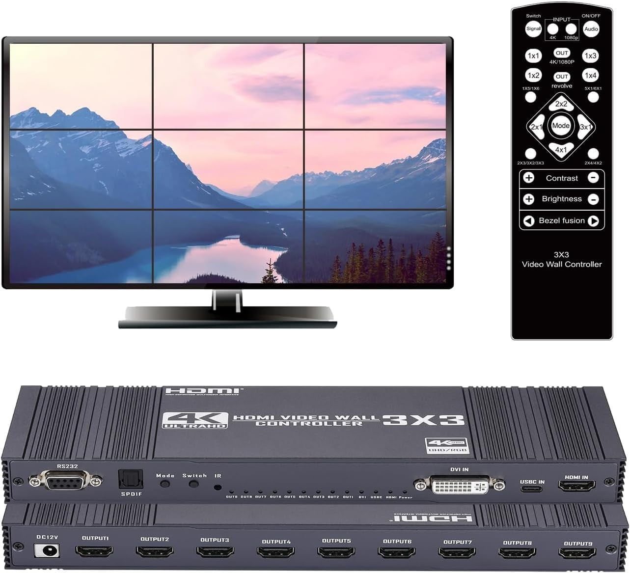 NÖRDIC Video Wall Controller 3x3, TV-seinän prosessori, 4K@30Hz HDMI multi-näytön yhdistämisprosessori HDMI + DVI + USB-C tulolla