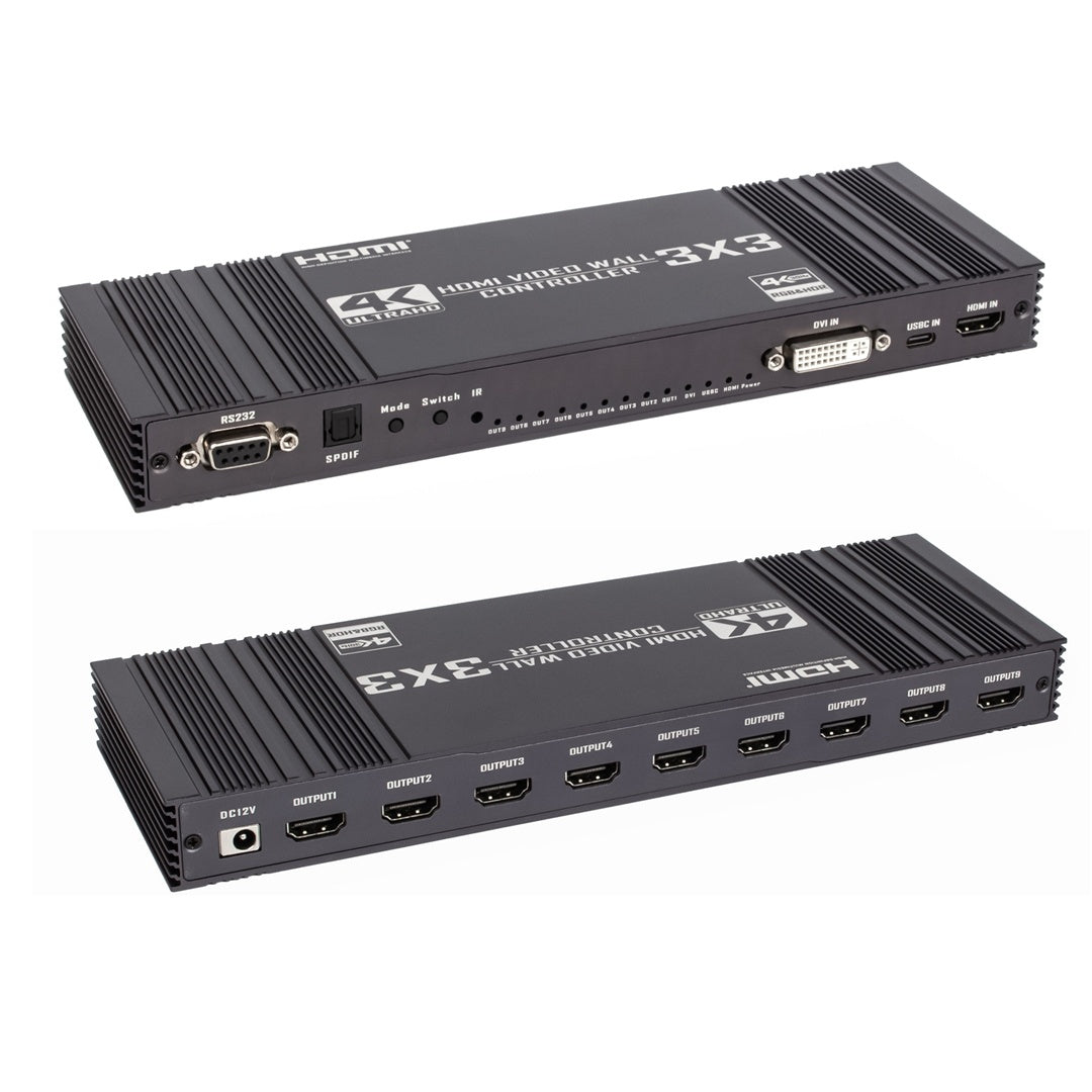 NÖRDIC Video Wall Controller 3x3, TV-seinän prosessori, 4K@30Hz HDMI multi-näytön yhdistämisprosessori HDMI + DVI + USB-C tulolla