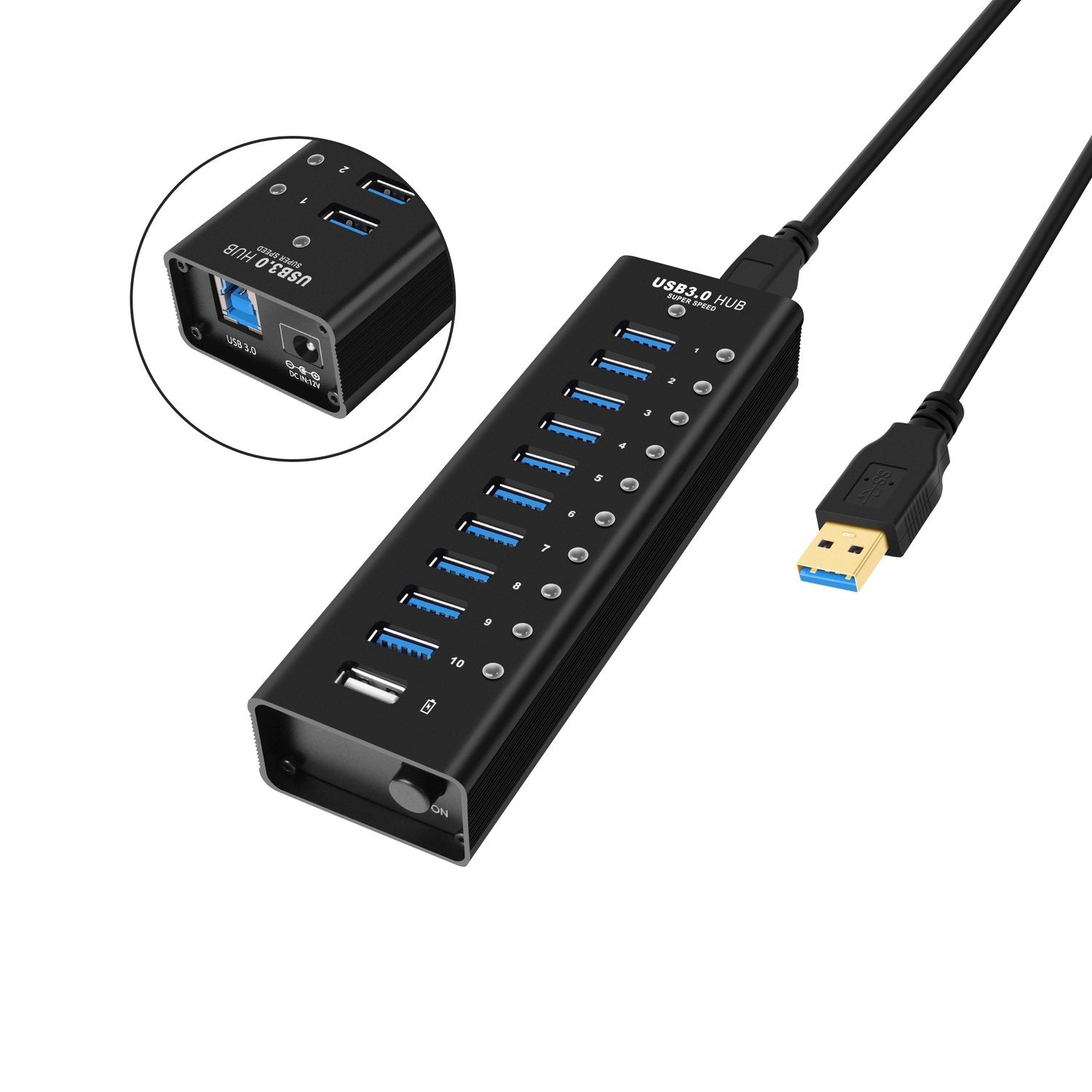 NÖRDIC-virralla toimiva 11-porttinen USB 3.0 HUB 5Gbps 1,2mm kaapeli alumiinimusta virtalähteellä