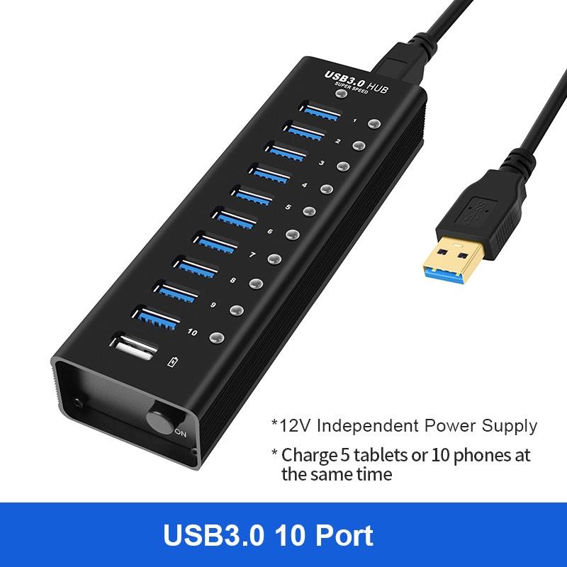 NÖRDIC-virralla toimiva 11-porttinen USB 3.0 HUB 5Gbps 1,2mm kaapeli alumiinimusta virtalähteellä