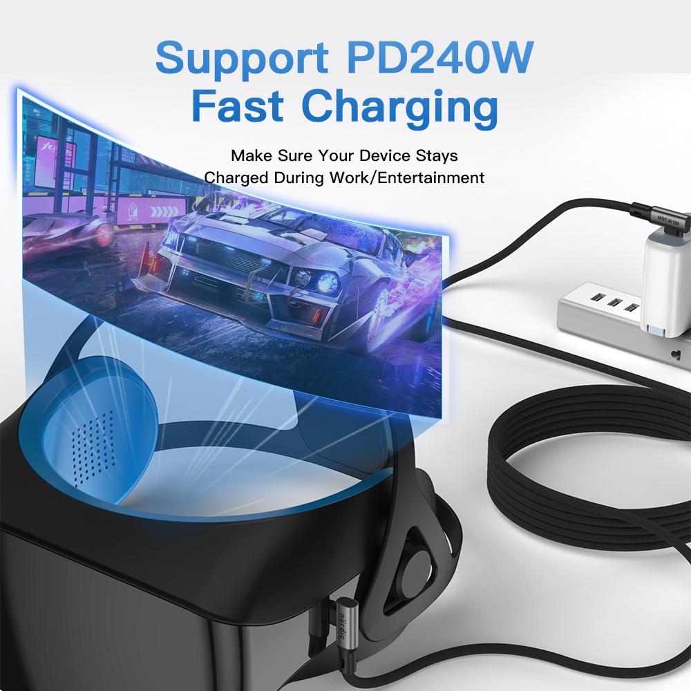 NÖRDIC kulmikas 2 m USB4 USB-C - C Nylon punottu kaapeli PD3.1 240W 40G 8K60Hz 4K144Hz harmaa