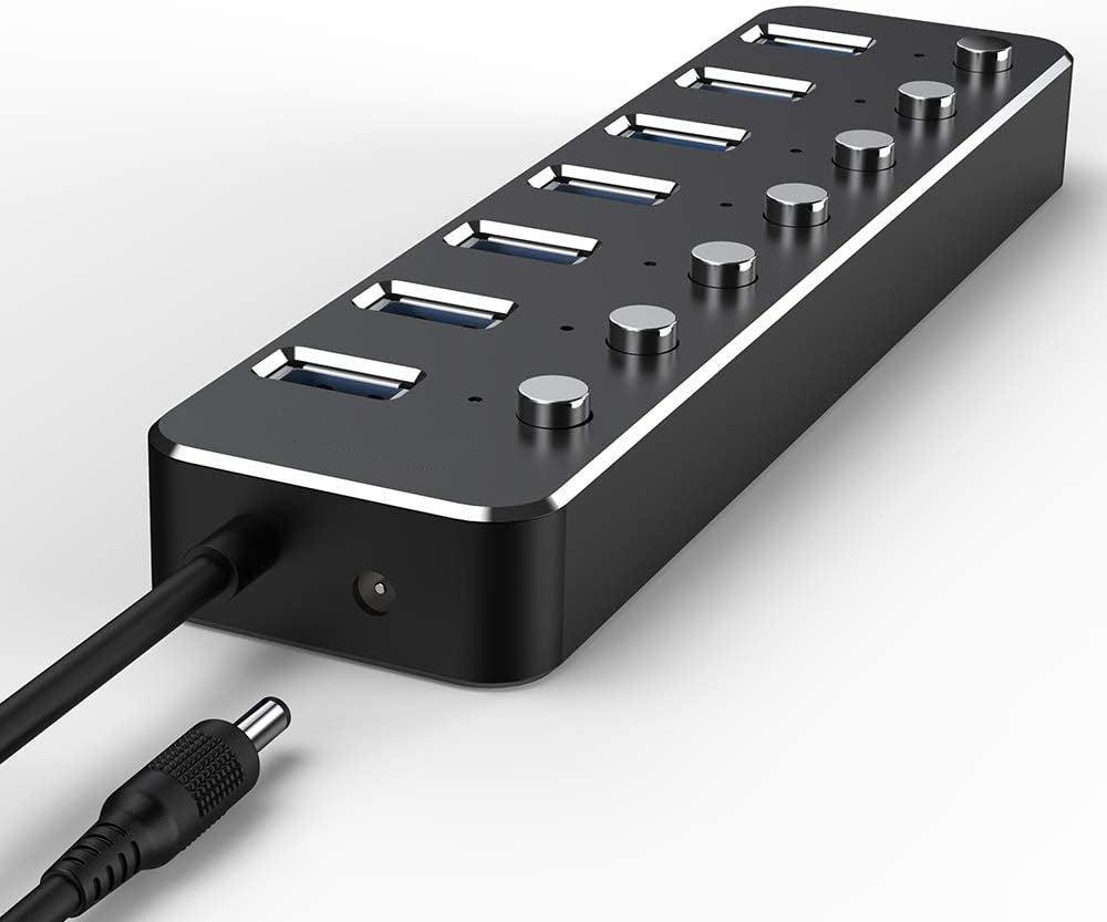 NÖRDIC-virralla toimiva 7-porttinen USB-C 3.0 HUB erillisellä kytkimellä 5Gbps 25cm kaapeli alumiinimusta virtalähteellä