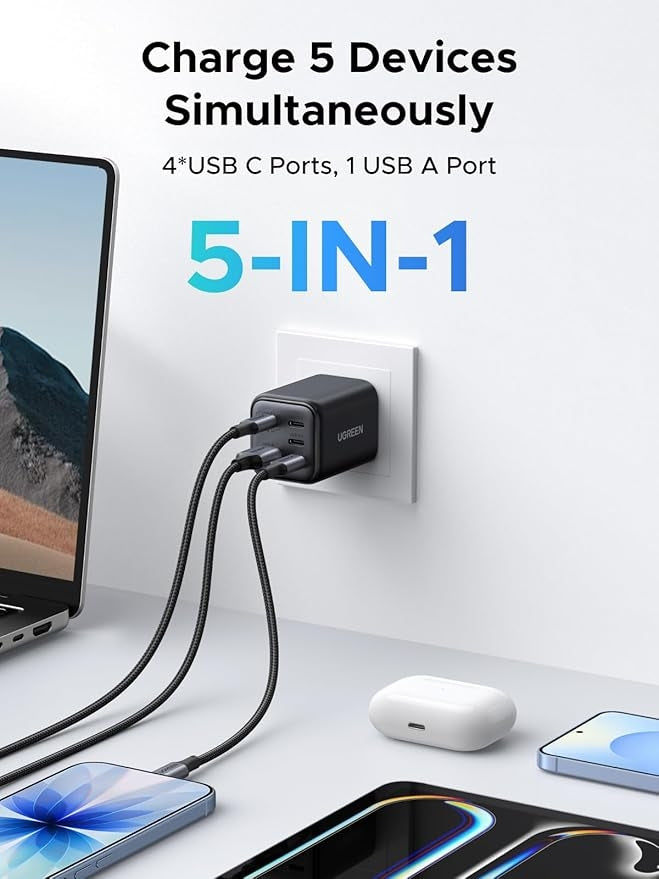 UGREEN 5-porttinen 45W USB-C GaN-pikalaturi, PD/PPS/QC ja 4 USB-C-porttia iPhone 17/16/15-, Galaxy S26/S25/S24/S23-, iPad- ja MacBook Neo/Air -laitteille
