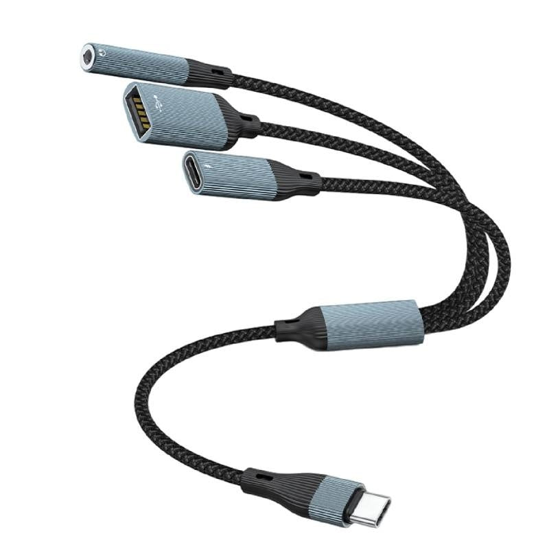 NÖRDIC USB-C-keskitin 1:stä 3:een, 1xUSB-A 1xUSB-C PD60W 1x3,5mm kuulokeliitäntä OTG-kaapeli
